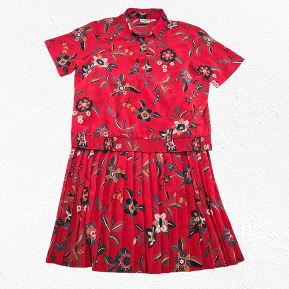 Vintage Alfred Dunner Red Floral Pleated Skirt Blouse Coordinating Set Size 20W - Picture 1 of 16
